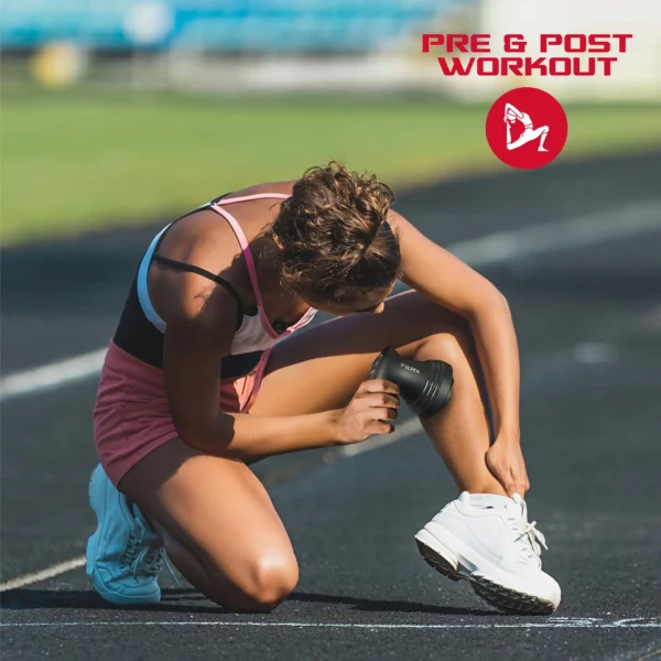 A runner using the FitRx Shiatsu Massager on her calf for instant relief of sore leg muscles and improved blood circulation following a long run.