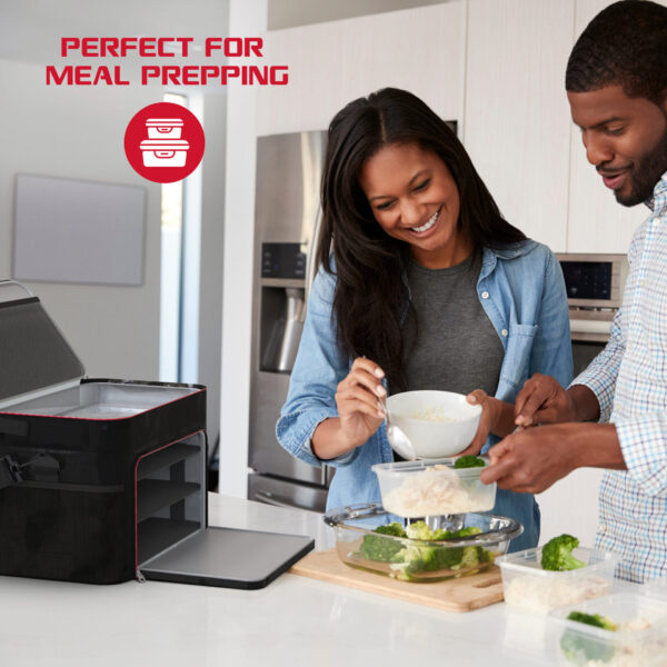A young couple prepares their lunch with ease thanks to the cooler’s large storage capacity and included BPA-free containers.