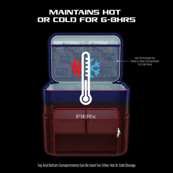 The Meal Prep Carry-All Cooler’s top compartment keeps food and drinks nice and cold, while the bottom section ensures your meals stay hot.