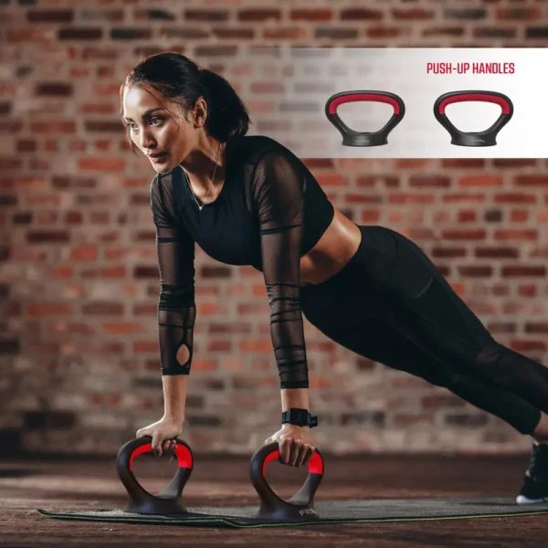 A woman using the push-up handles to get in a great workout, with their rubberized slip-resistant bottoms keeping her stable the entire time.