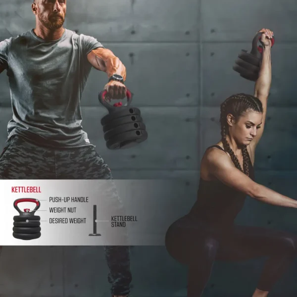 Two bodybuilders work out hassle-free using the Total Body’s kettlebells, thanks to their compact design that’s easy to set up and use.